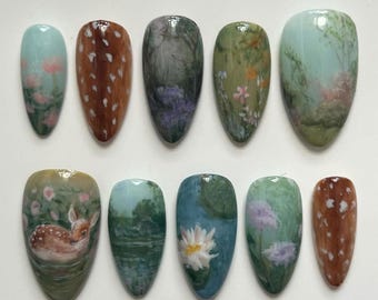 Handmade Forest Deer Press On Nails, 3D Nature Landscape Nail Art, Woodland Animal & Flower Nails, Scenic Green Fake Nails