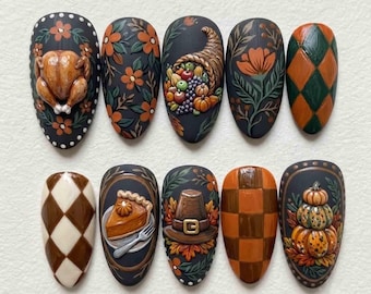 Handgemachte künstliche Fingernägel zum Aufkleben – Truthahnbraten, Kürbiskuchen & Füllhorn – Mandelform für herbstliche Stimmung – Nageldesign für die Herbsternte