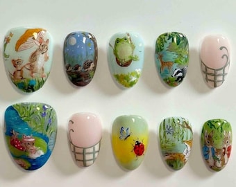 Handmade Woodland Storybook Press On Nails | Hand-Painted Animals, Forest Flora & Nature | Short Round Nails for Whimsical Cottagecore Vibe