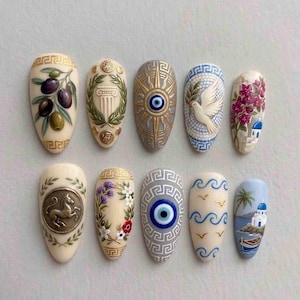 Handmade Ivory Press On Nails | Greek Mediterranean Evil Eye Olive Santorini Nail Art | Almond Nailsfor Summer Vacation Style