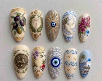 Handmade Ivory Press On Nails | Greek Mediterranean Evil Eye Olive Santorini Nail Art | Almond Nailsfor Summer Vacation Style