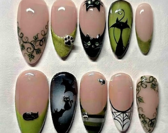 Handmade Halloween Press On Nails | Black Cats, Green French Tips, Vines & Bats | Almond Nails for Spooky Vibe