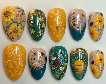 Handmade Sunflower Garden Press On Nails | 3D Sculpted Oak Leaves, Bees, Sunsets & Wildflowers | Almond Nails for Nature Vibe