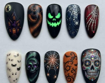 Handmade Spooky Halloween Press On Nails | Haunted House, Jack-O-Lantern, Skull & Web Art | Almond Nails for Spooky Vibe