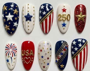 Handmade Patriotic USA 4th of July Press On Nails | 3D Stars, Fireworks, Rhinestones & Stripes | Almond Nails for Festive Vibe