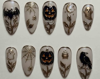 Handmade Halloween Press On Nails | 3D Gold Bats, Pumpkins & Spooky Motifs | Almond Nails for Elegant Gothic Vibe