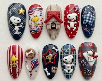 Handmade Patriotic Snoopy USA Press On Nails | 3D Snoopy, Doghouse, Woodstock & US Flags | Almond Nails for Festive 4th of July Vibe