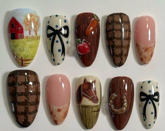 Hand-Painted Farmhouse Press On Nails | Horse, Barn, Carrot & Houndstooth Design | Country Cottagecore False Nails | Rustic Nail Art Set