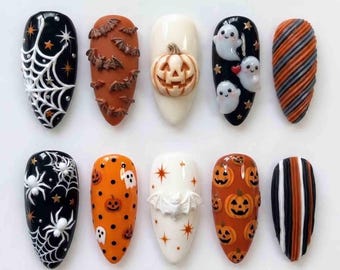 Handmade Halloween Press On Nails | 3D Pumpkins, Ghosts, Bats & Spiderwebs | Almond Nails for Spooky Vibe