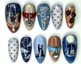 Handmade Romantic Night Scene Press On Nails | Starry Skies, Silhouettes & Heart Accents | Almond Nails For Dreamy Romantic Vibes