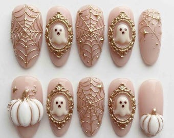 Gold Spider Web Press On Nails, 3D White Pumpkin & Framed Ghost, Nude Gold Luxury Handmade Halloween Nail Set