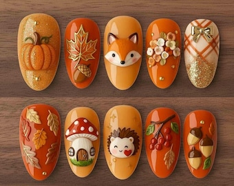 Handmade Autumn Press On Nails | Pumpkin, Fox, Hedgehog, Acorns, Leaves & Mushroom Accents | Almond Nails For Cozy Fall Vibe
