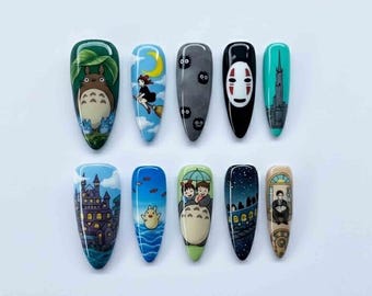 Handmade Fantasy Anime Press On Nails | Forest Spirits, Magic Castle, Night Sky & Cute Mascot Art | Almond Nails For Whimsical Vibes
