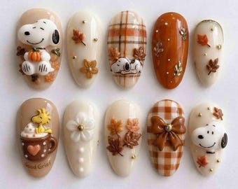Handmade Fall Cartoon Press On Nails | Woodstock, Maple Leaves, Plaid & Bow | Almond Nails for Cozy Autumn Vibe