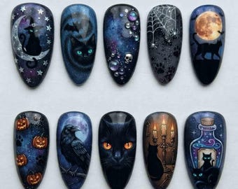Handmade Magical Halloween Press On Nails | Black Cat, Crow, Pumpkins & Witch Art | Almond Nails for Spooky Night Aesthetic
