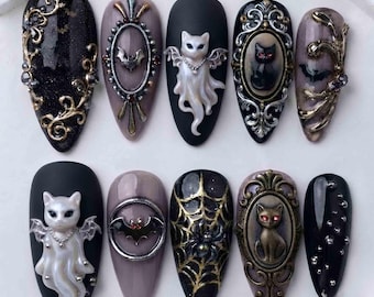 Gothic Ghost Cat Press On Nails, Silver Bat & Black Cat Frame Nails, Dark Baroque Phantom Handmade Halloween Nail Set