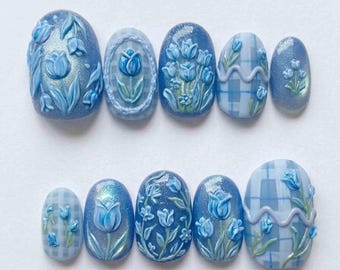 Handmade Blue Tulip Press On Nails | 3D Floral Art, Glitter Ombre & Plaid Accent Design | Short Oval Soft Spring Nails