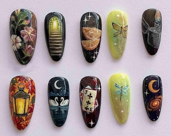 Handmade Mystic Universe Press On Nails | 3D Floral, Lantern, Swans, Moon & Stars | Almond Nails in Dark Tones for Night-Inspired Look