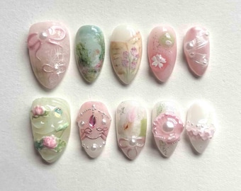 Uñas postizas vintage hechas a mano con motivos de jardín / Lazos rosas, rosas, perlas y flores en acuarela / Uñas almendradas para un toque romántico