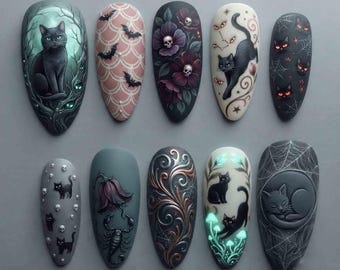 Gothic Black Cat Press On Nails, Purple Skull Flower & Glowing Mushroom Nails, Dark Witchy Cat Handmade Halloween Nail Set