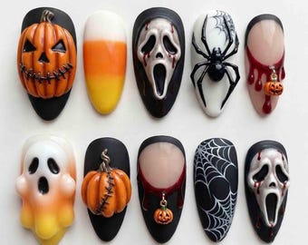 Ghost Face Horror Mask Press On Nails, 3D Pumpkin & Spooky Specter Nails, Black White Slash Movie Handmade Halloween Nail Set