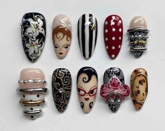 Handmade Vintage Chic Press On Nails | 3D Floral, Retro Girl, Polka Dots & Statement Rings | Almond Nails for Classic Glam