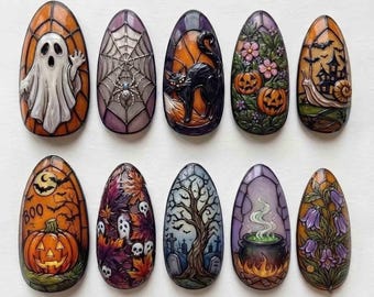 Handmade Stained Glass Halloween Press On Nails | 3D Ghost, Black Cat & Pumpkins | Almond Nails for Spooky Stained Glass Vibe