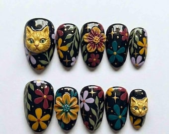 Handmade Midnight Floral Cat Press On Nails | 3D Gold Kitty, Colorful Flower Art & Star Details | Almond Cute Statement Nails