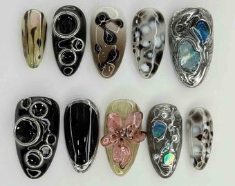 Handmade Cosmic Galaxy Press On Nails | 3D Metallic Orbs, Abstract Marble & Holographic Stone Art | Almond Nails For Futuristic Vibe