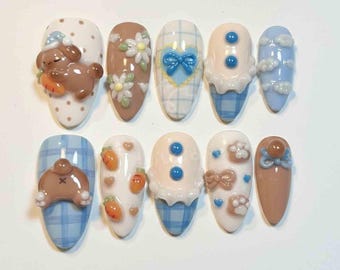 Handmade Pastel Capybara Bow Press On Nails | Clouds, Strawberry Designs with 3D Accents | Almond Nails for Adorable Vibes
