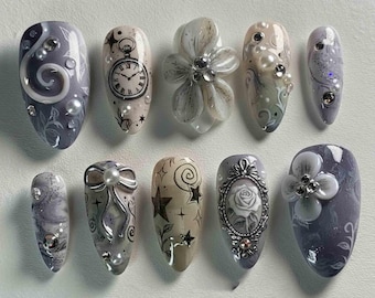 Handmade Elegant Vintage Press On Nails | Floral, Clock, Stars & Bow 3D Art | Almond Nails For Sophisticated Vibe