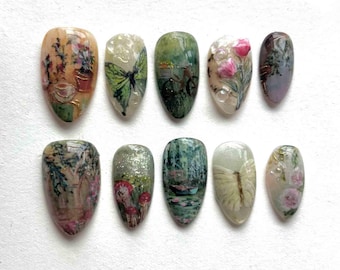 Handmade Vintage Garden Press On Nails | Butterflies, Flowers & Nature Painting Art | Almond Nails For Romantic Cottagecore Vibes
