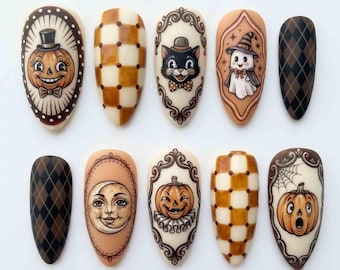 Vintage Halloween Press On Nails, Pumpkin King, Black Cat Nails, Moon & Ghost Argyle Pattern Handmade Holiday Nail Set