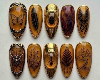 Handmade Amber Brown Press On Nails | Gothic Insect Butterfly Spider Web Gold Frame Nail Art | Almond Nails for Witchy Gothic Style