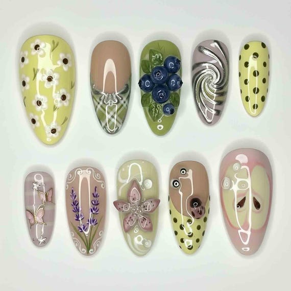 Handmade Green Garden Press On Nails | 3D Blueberry, Daisy & Butterfly Art | Almond Spring Cottagecore Nails