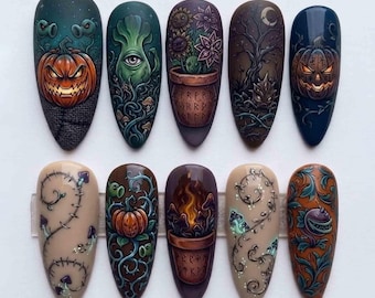 Handmade Halloween Press On Nails - Jack-o'-Lanterns & Spooky Plants - Almond Nails for Cozy Fall Vibes - Rustic