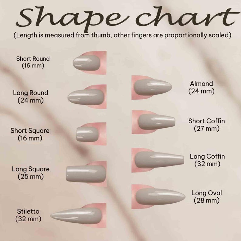 May include: A nail shape chart with the title "Shape chart" and the text "(Length is measured from thumb, other fingers are proportionally scaled)". The chart displays various nail shapes, including Short Round (16 mm), Long Round (24 mm), Short Square (16 mm), Long Square (25 mm), Stiletto (32 mm), Almond (24 mm), Short Coffin (27 mm), Long Coffin (32 mm), and Long Oval (28 mm).