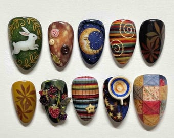 Handmade Cozy Autumn Press On Nails | Moon, Rabbit, Plaid, Quilt & Berry Art Details | Almond Nails For Warm Cottagecore Vibes