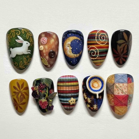 Handmade Cozy Autumn Press On Nails | Moon, Rabbit, Plaid, Quilt & Berry Art Details | Almond Nails For Warm Cottagecore Vibes