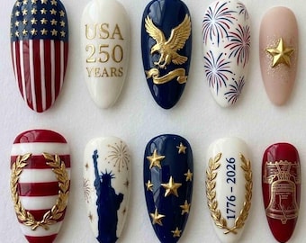 Handmade USA 250th Press On Nails | Gold Eagle, Statue of Liberty, Liberty Bell & Fireworks | Almond Nails for Patriotic Vibe
