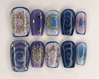 Handmade Celestial Moon & Sun Press On Nails | Star, Galaxy Swirl, Gold Detail Art | Short Coffin Nails for Mystic Cosmic Vibes