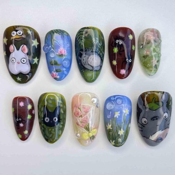 Handmade Forest Spirit Press On Nails | Soot Sprites, Water Lilies, Flowers & Dreamy Forest Art | Long Almond Nails For Whimsical Vibes