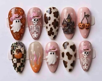 Handmade Spooky Cowgirl Press On Nails | 3D Ghost, Skeleton, Haunted House & Cow Print Art | Almond Nails for Halloween Vibe