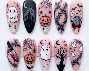Spooky Haunted Castle Press On Nails, Cute Ghost & Bloody Knife Nails, Barbed Wire Pumpkin Gothic Handmade Halloween Nail Set