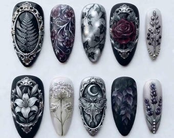 Gothic Silver Fern Press On Nails, Dark Moon Moth, Burgundy Rose Nails, Baroque Lily & Ivy Gothic Handmade Halloween Nail Set