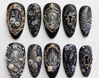 Gothic Frame Press On Nails, 3D Rose & Daisy Floral Nails, Vintage Victorian Skeleton Key Handmade Nail Set