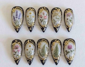 Handmade Black Gold Press On Nails | Vintage Botanical Flower Frame | Almond Nails for Victorian Antique Style Nails