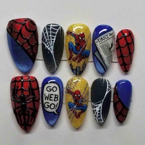 Handmade Spider Press On Nails | Spider, Daily Bugle & Web Art | Almond Nails for Superhero Vibe