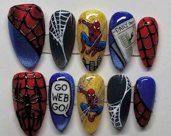 Handmade Spider Press On Nails | Spider, Daily Bugle & Web Art | Almond Nails for Superhero Vibe