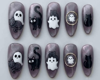 Handmade Halloween Press On Nails - Black Cats & Cute Ghosts - Almond Nails for Spooky Vibes - Spooky Cat Nail Art - Cute
